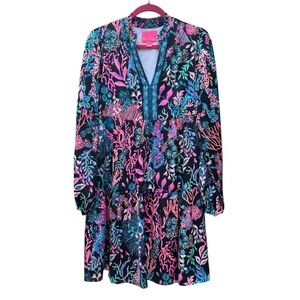 Lilly Pulitzer Arella Dress Medium Onyx Twilight Coral Tiered Swing Ruffle